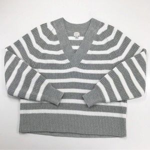 A New Day Chunky Knit Sweater V-Neck Gray White Stripes Long Sleeve Pullover